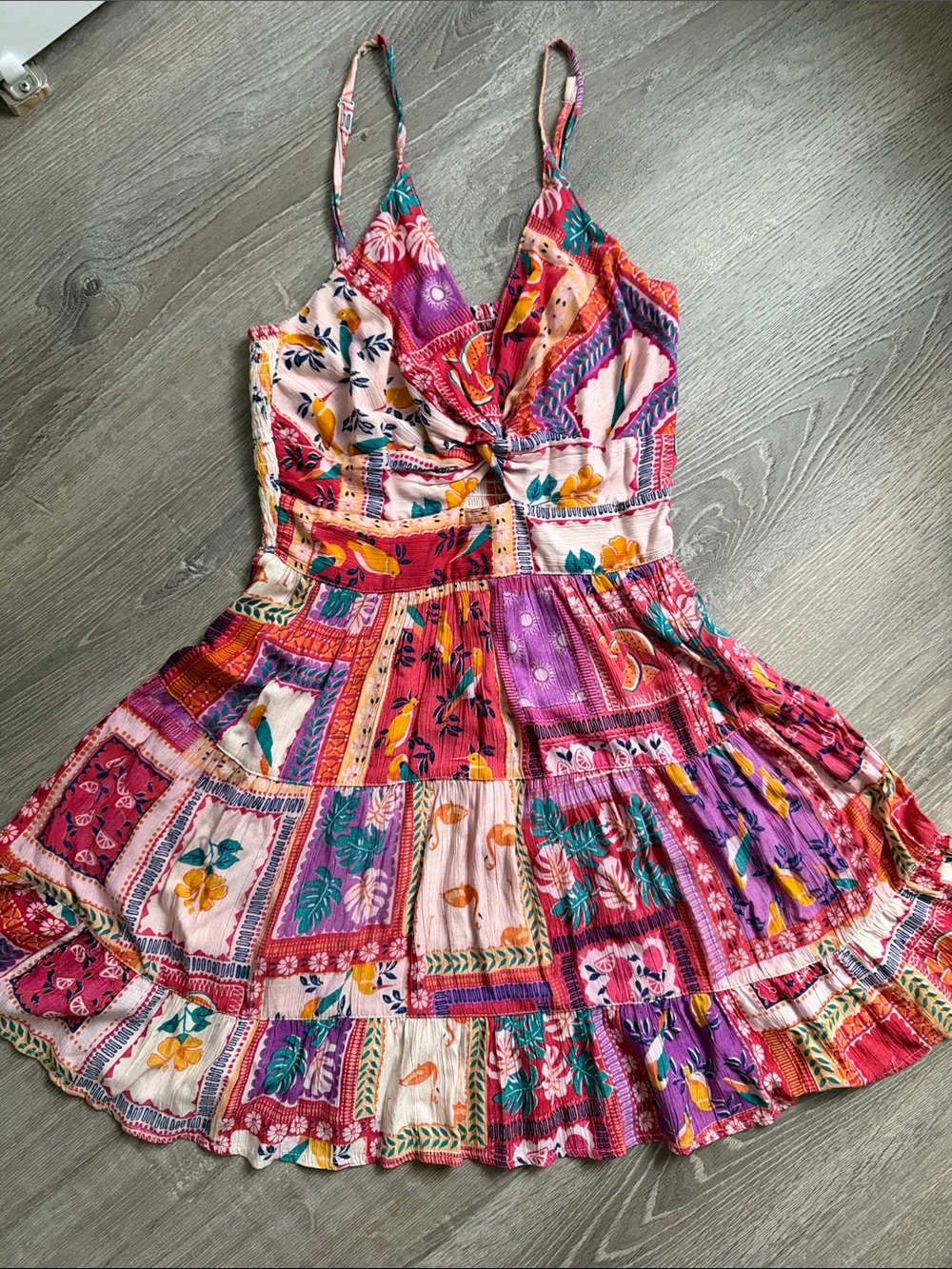 Angie Colorful Patchwork Floral Mini Dress in Pink, Purple & Red